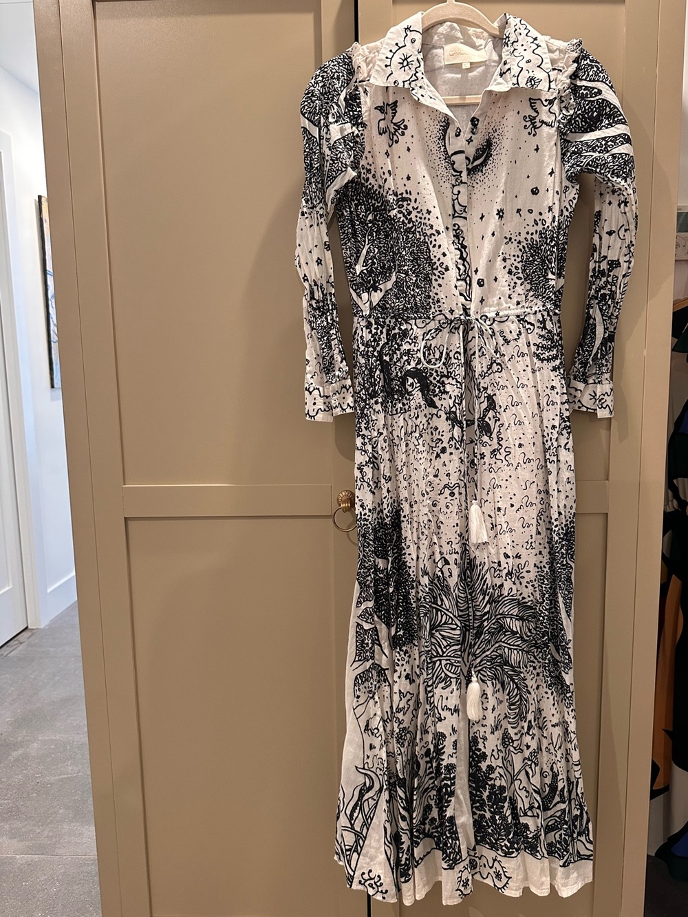 Carolina K Celestial Jungle Print Midi Dress XS Black White Tassel Boho